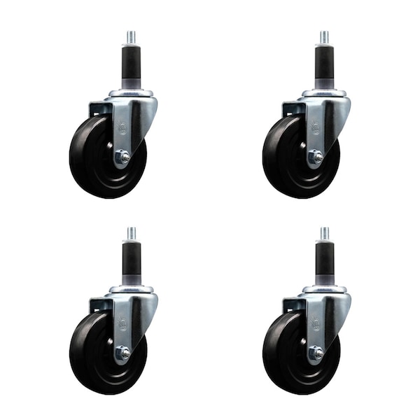4'' SS Hard Rubber Wheel Swivel 1-1/8'' Expanding Stem Caster Set, 4PK